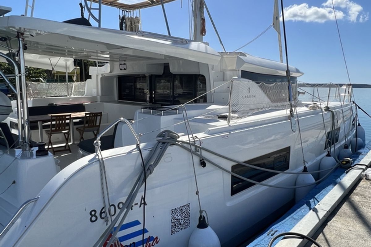Exterior view of Sol Griso, a Lagoon 46 catamaran at Cienfuegos, Cuba