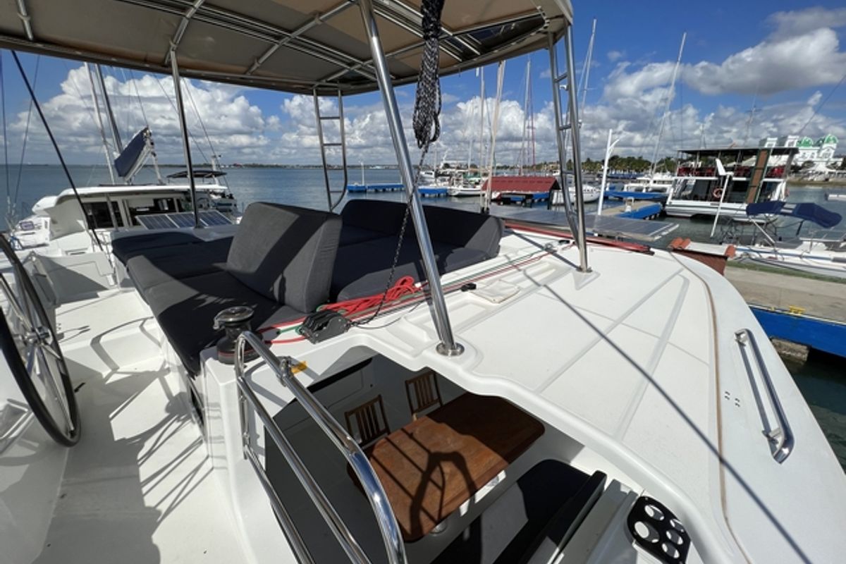 Cockpit of Sol Griso, a Lagoon 46 catamaran at Cienfuegos, Cuba