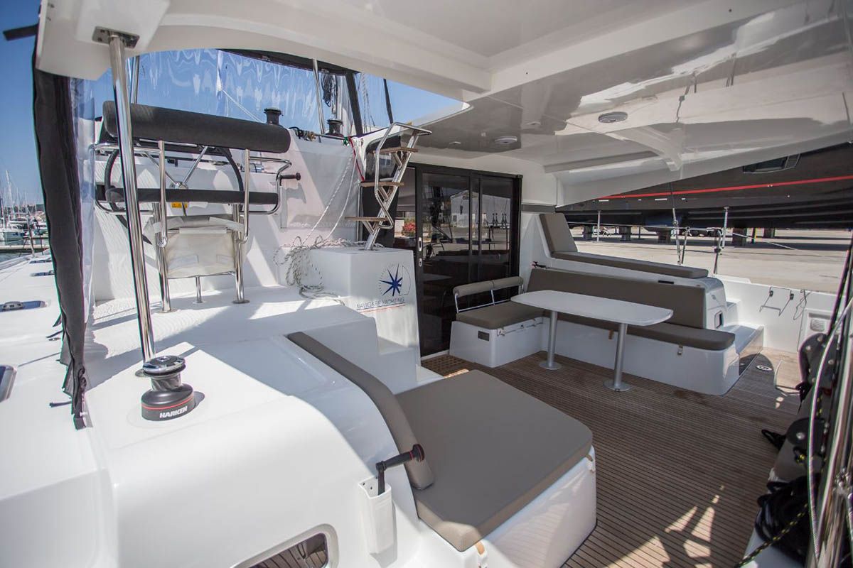 Deck of La Colombe 447/2025, a Lagoon 42 catamaran at Palma de Mallorca, Spain