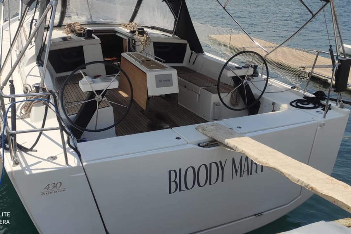 Cockpit of Bloody Mary, a Dufour 430 sailboat at Milazzo, Italy