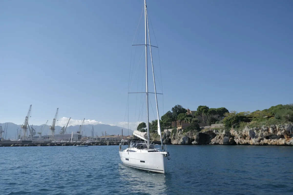 Exterior view of Bloody Mary, a Dufour 430 sailboat at Milazzo, Italy