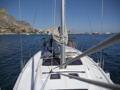 Deck of Bloody Mary, a Dufour 430 sailboat at Milazzo, Italy