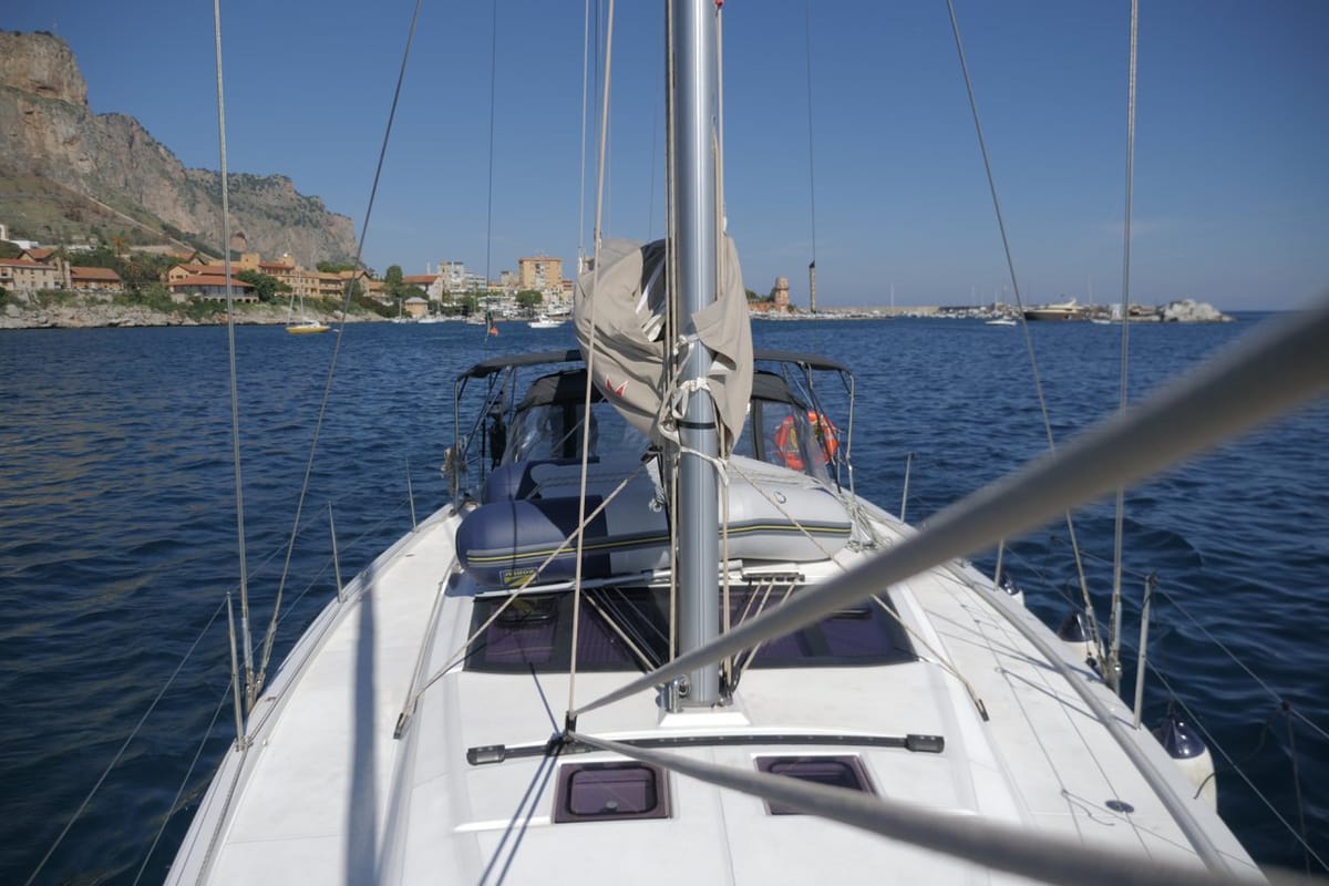 Deck of Bloody Mary, a Dufour 430 sailboat at Milazzo, Italy