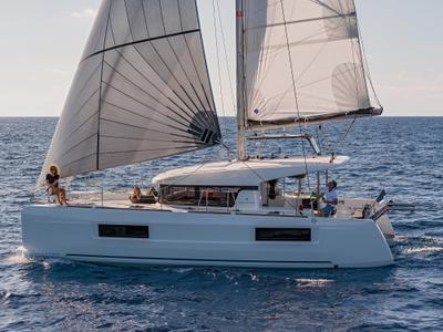 Exterior view of Ioli II, a Lagoon 40 catamaran at Athens, Greece