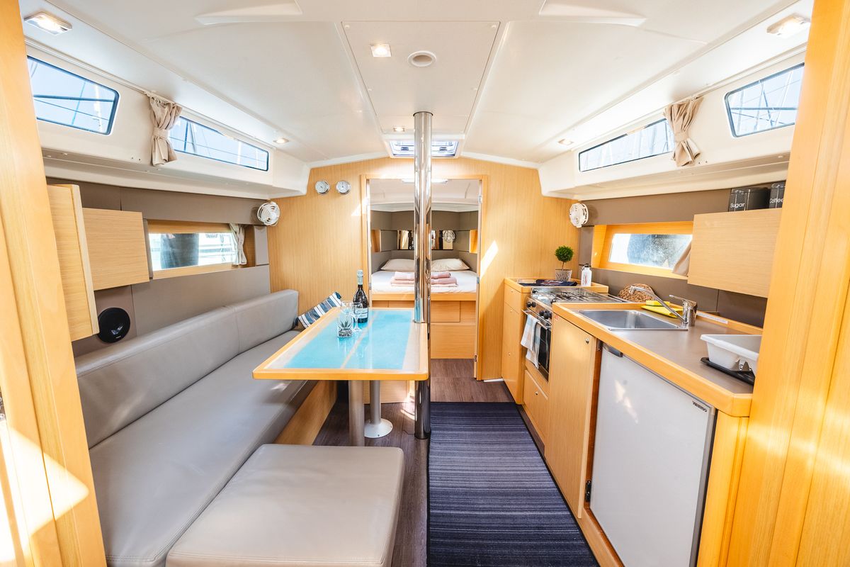 Salon of Elisa, a Beneteau Oceanis 38.1 sailboat at Municipal Unit of Lefkada, Greece