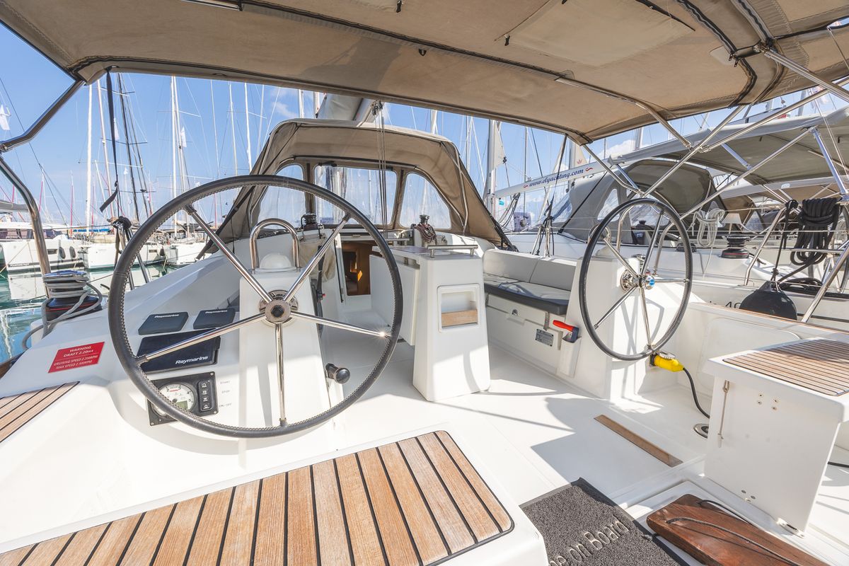 Cockpit of Elisa, a Beneteau Oceanis 38.1 sailboat at Municipal Unit of Lefkada, Greece