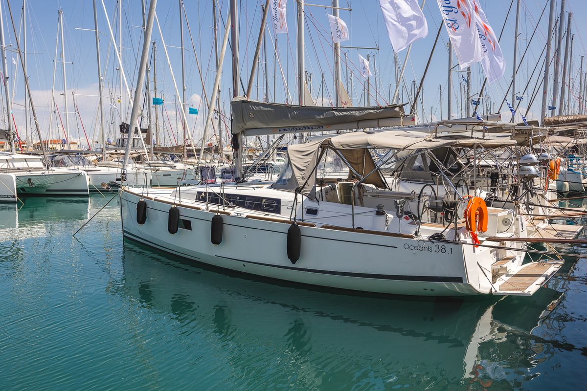Exterior view of Elisa, a Beneteau Oceanis 38.1 sailboat at Municipal Unit of Lefkada, Greece
