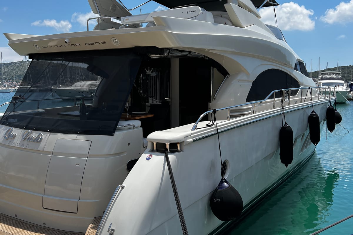Exterior view of Quo Vadis, a Dominator 680 yacht at Grad Šibenik, Croatia