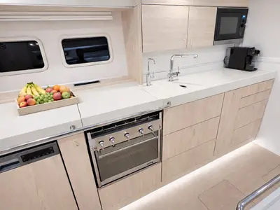 Galley of Kind Of Blue, a Hanse Yachts Hanse 575 sailboat at Olbia, Italy