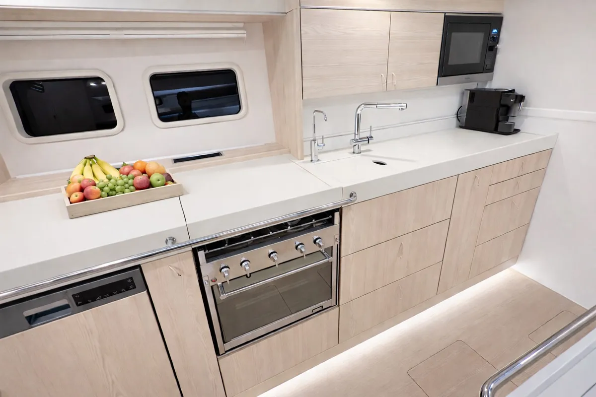 Galley of Kind Of Blue, a Hanse Yachts Hanse 575 sailboat at Olbia, Italy