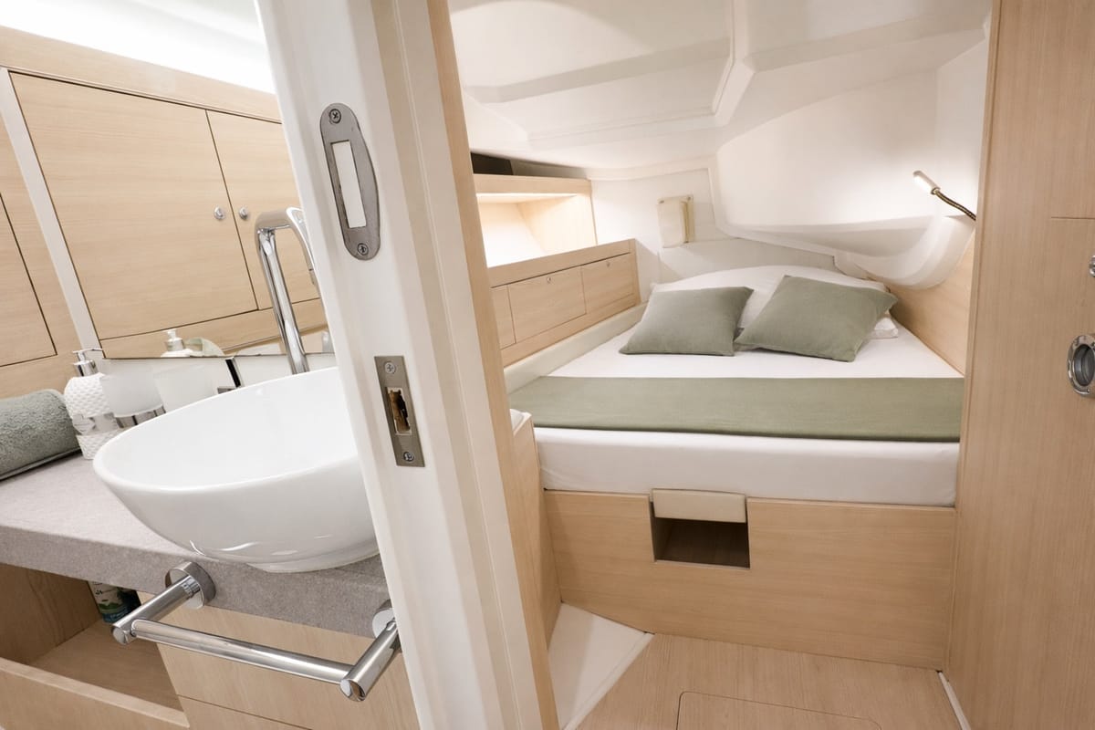 Cabin on Kind Of Blue, a Hanse Yachts Hanse 575 sailboat at Olbia, Italy
