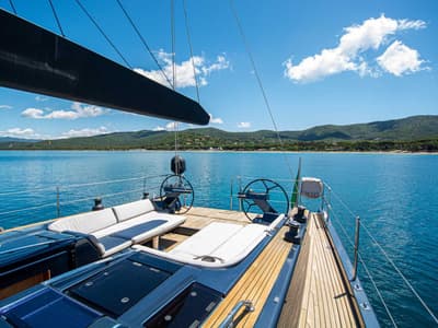 Cockpit of Kind Of Blue, a Hanse Yachts Hanse 575 sailboat at Olbia, Italy