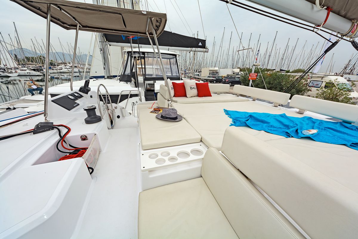 Deck of Phoenix, a Bali Catspace catamaran at Municipal Unit of Lefkada, Greece