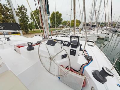 Cockpit of Phoenix, a Bali Catspace catamaran at Municipal Unit of Lefkada, Greece