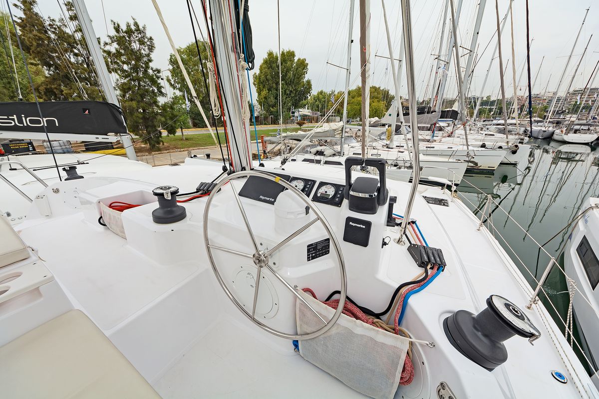 Cockpit of Phoenix, a Bali Catspace catamaran at Municipal Unit of Lefkada, Greece