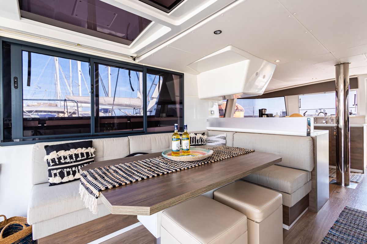 Salon of Nausicaa, a Bali 4.4 catamaran at Municipal Unit of Lefkada, Greece