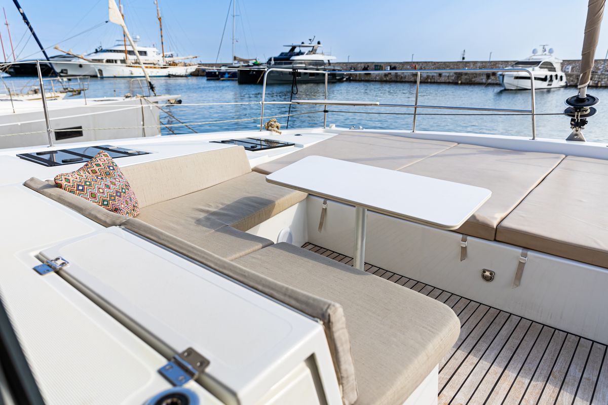 Deck of Nausicaa, a Bali 4.4 catamaran at Municipal Unit of Lefkada, Greece