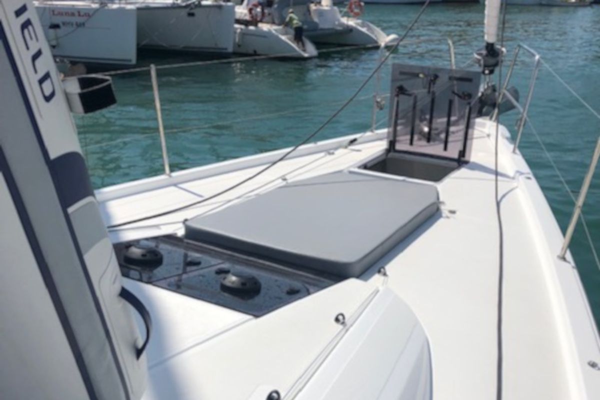 Deck of Joulukka, a Jeanneau 54 sailboat at Elephant Butte Estates, United States