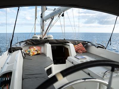 Cockpit of Joulukka, a Jeanneau 54 sailboat at Elephant Butte Estates, United States