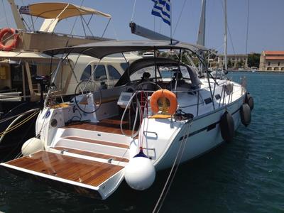 Deck of Fantasia, a Bavaria Cruiser 51 sailboat at Municipal Unit of Rhodes, Greece