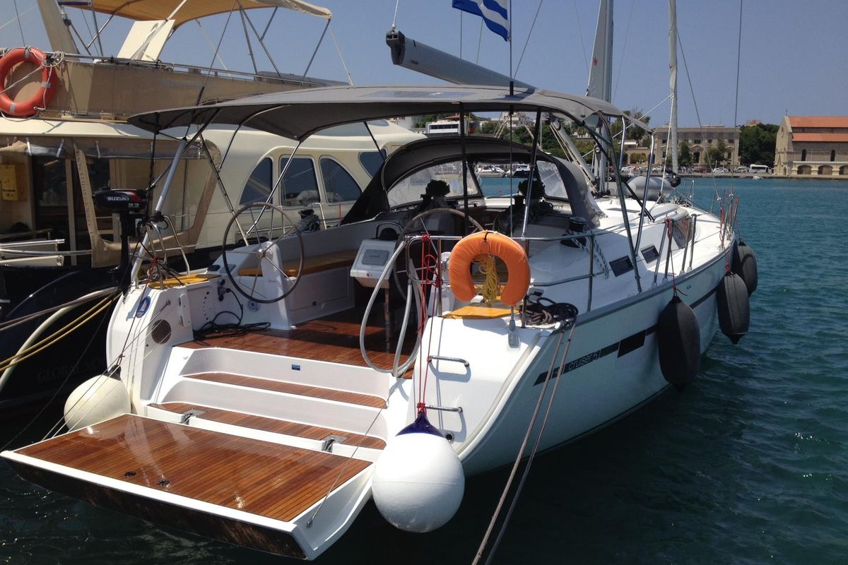 Deck of Fantasia, a Bavaria Cruiser 51 sailboat at Municipal Unit of Rhodes, Greece