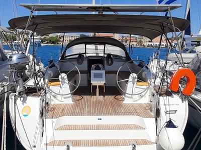 Cockpit of Fantasia, a Bavaria Cruiser 51 sailboat at Municipal Unit of Rhodes, Greece