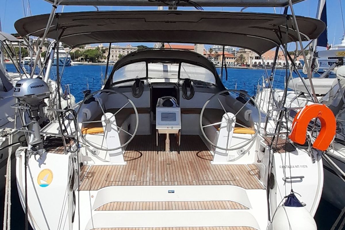 Cockpit of Fantasia, a Bavaria Cruiser 51 sailboat at Municipal Unit of Rhodes, Greece