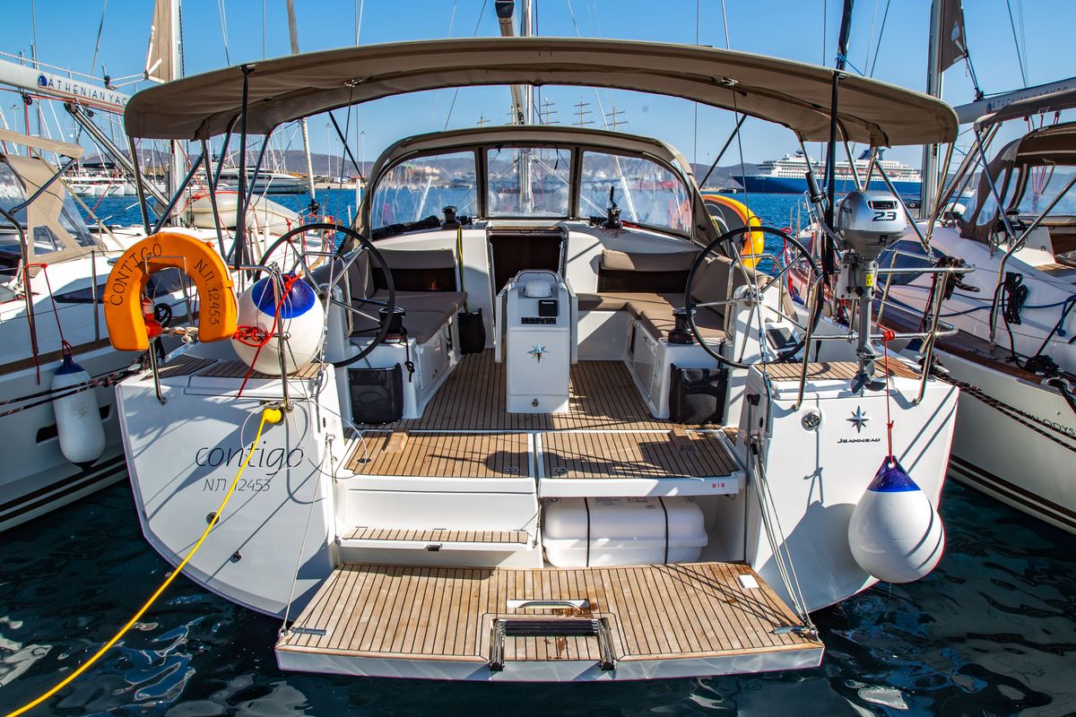 Deck of Contigo, a Jeanneau Sun Odyssey 490 sailboat at Lavreotiki Municipal Unit, Greece