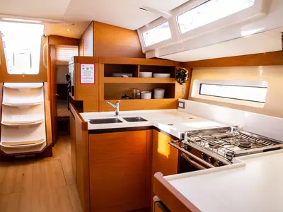 Galley of Contigo, a Jeanneau Sun Odyssey 490 sailboat at Lavreotiki Municipal Unit, Greece