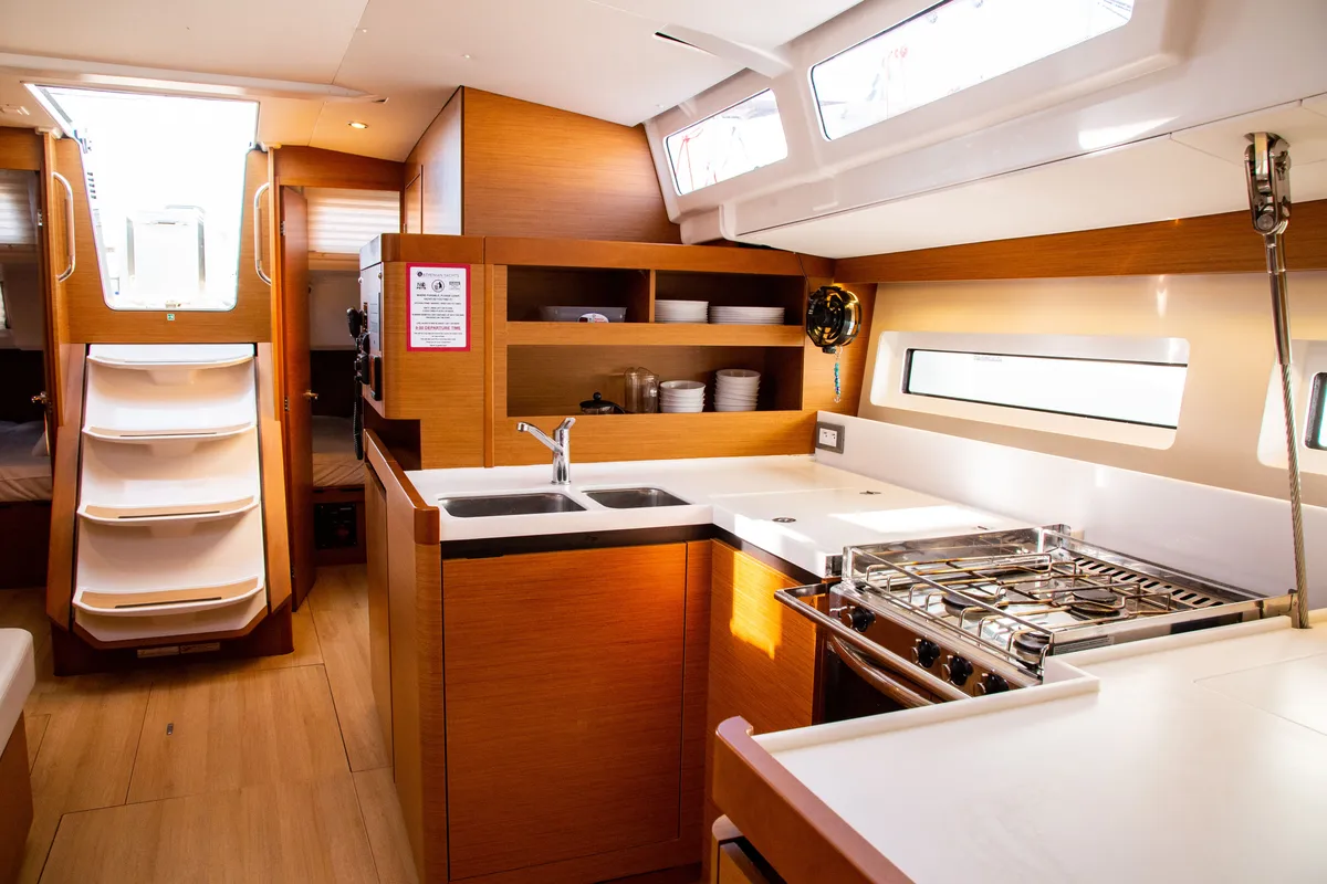 Galley of Contigo, a Jeanneau Sun Odyssey 490 sailboat at Lavreotiki Municipal Unit, Greece
