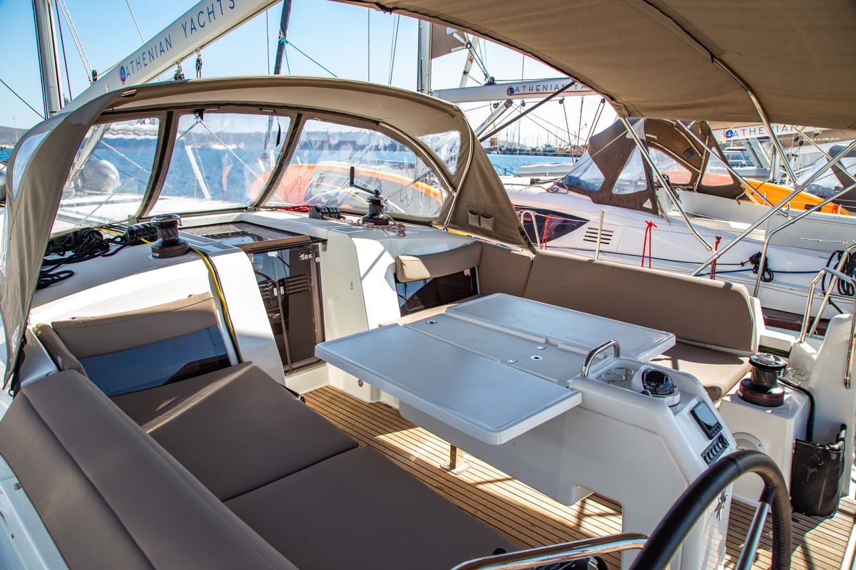 Contigo, a Jeanneau Sun Odyssey 490 sailboat at Lavreotiki Municipal Unit, Greece