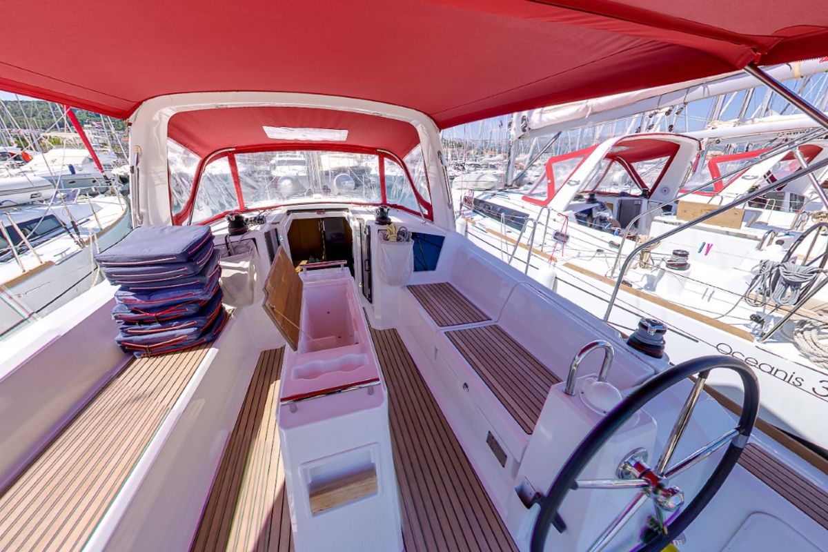 Cockpit of Cvita, a Beneteau Oceanis 38.1 sailboat at Split, Croatia