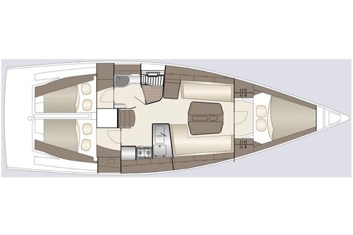 Floor plan of Mrs. Gump, a Dehler 38 sailboat at Punat, Croatia