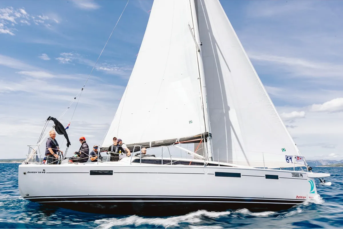 Exterior view of Mrs. Gump, a Dehler 38 sailboat at Punat, Croatia