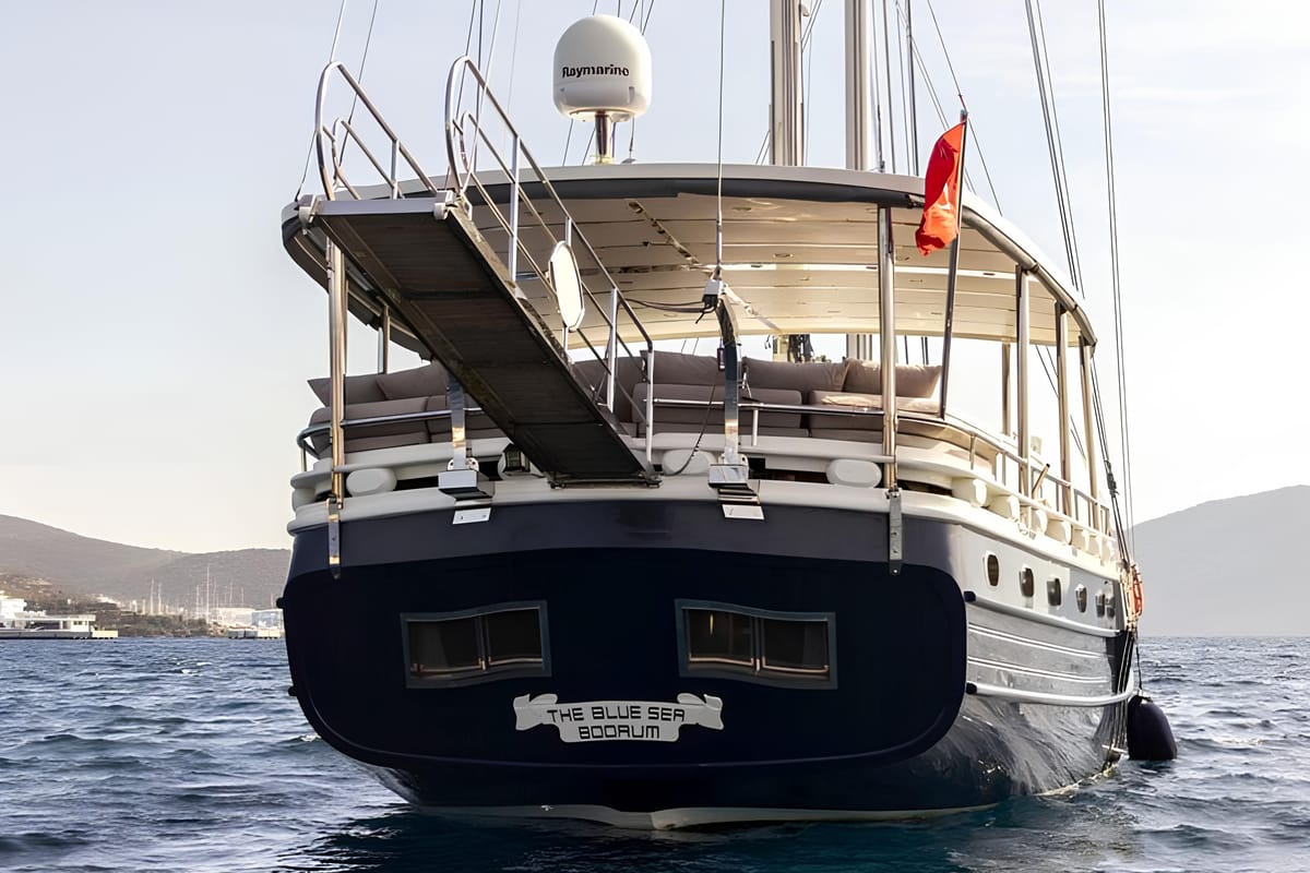 Exterior view of The Blue Sea, a Custom Made The Blue Sea yacht at Fethiye, Turkey