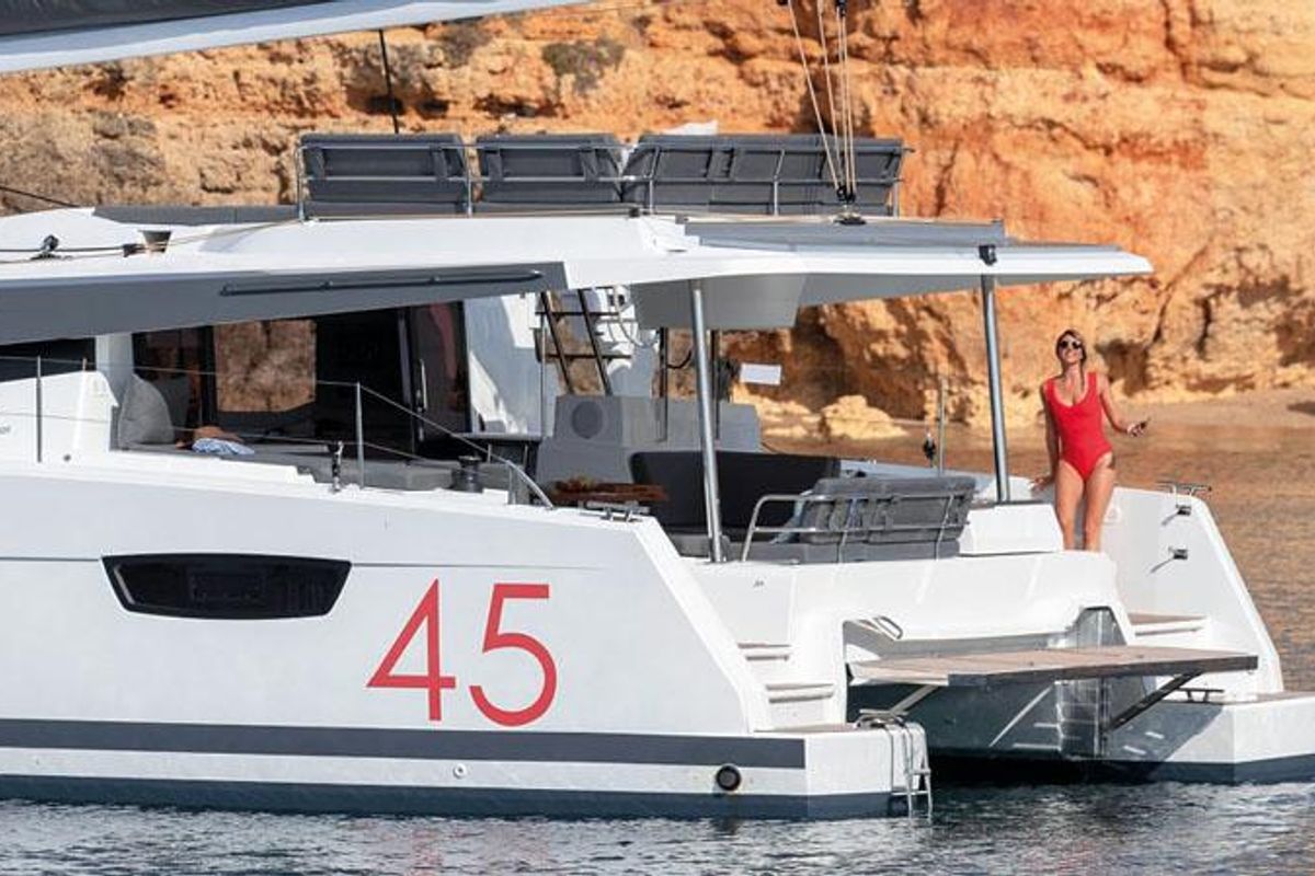 Exterior view of Greek Beauty, a Fountaine Pajot Elba 45 catamaran at Parikia, Greece