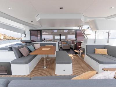Deck of Greek Beauty, a Fountaine Pajot Elba 45 catamaran at Parikia, Greece