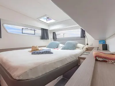 Cabin on Greek Beauty, a Fountaine Pajot Elba 45 catamaran at Parikia, Greece