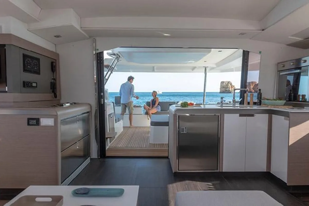 Galley of Greek Beauty, a Fountaine Pajot Elba 45 catamaran at Parikia, Greece