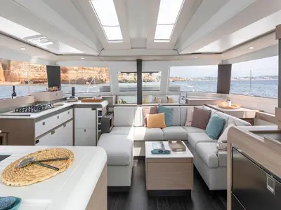 Salon of Greek Beauty, a Fountaine Pajot Elba 45 catamaran at Parikia, Greece