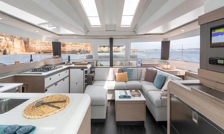 Salon of Greek Beauty, a Fountaine Pajot Elba 45 catamaran at Parikia, Greece