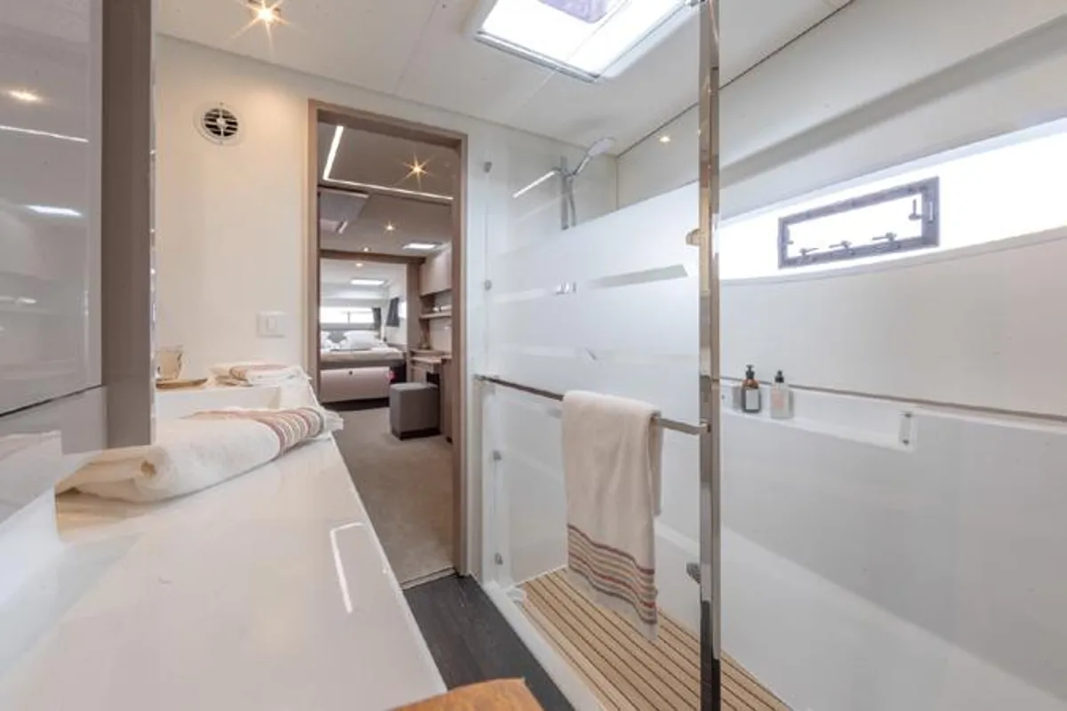Head on Greek Beauty, a Fountaine Pajot Elba 45 catamaran at Parikia, Greece