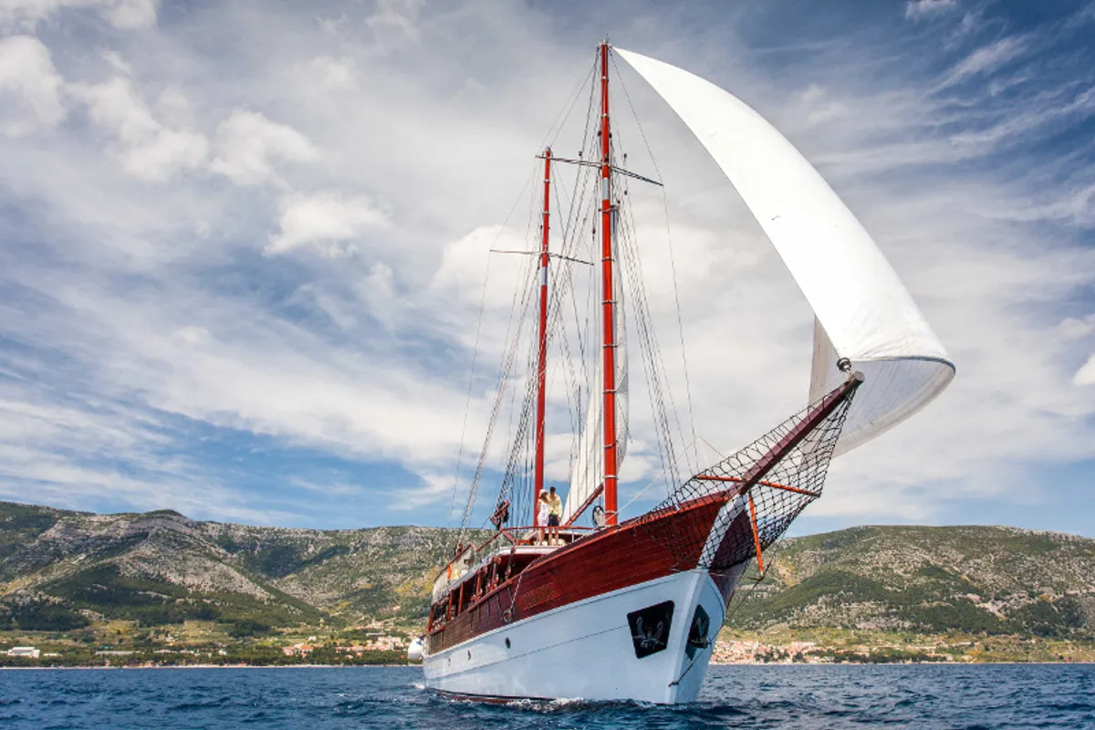 Exterior view of Romanca, a Gulet Gulet gulet at Stobreč, Croatia