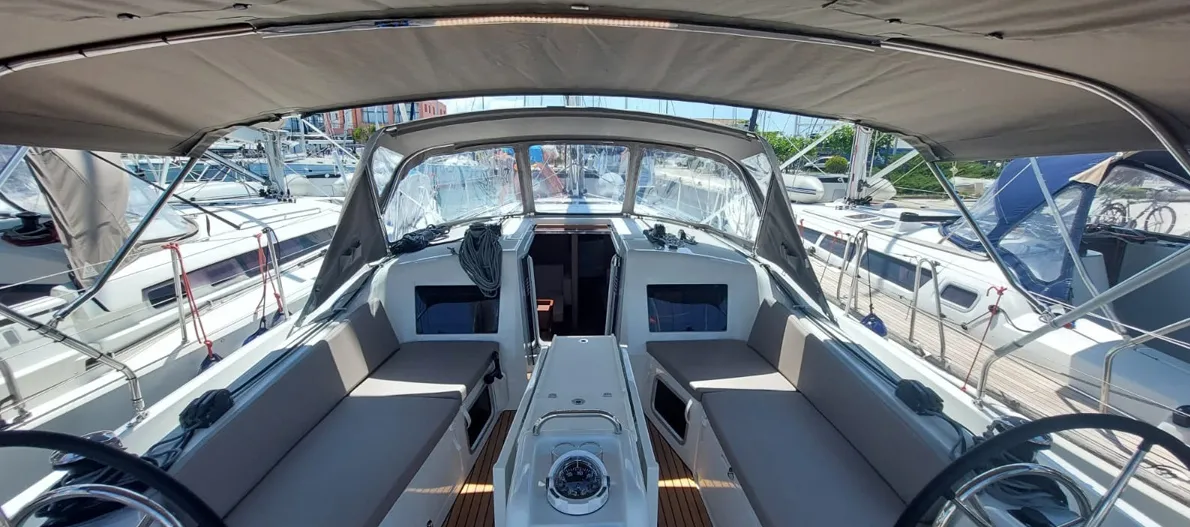 Cockpit of Baghera, a Jeanneau Sun Odyssey 410 sailboat at Municipal Unit of Lefkada, Greece