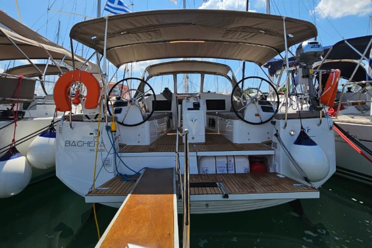 Exterior view of Baghera, a Jeanneau Sun Odyssey 410 sailboat at Municipal Unit of Lefkada, Greece