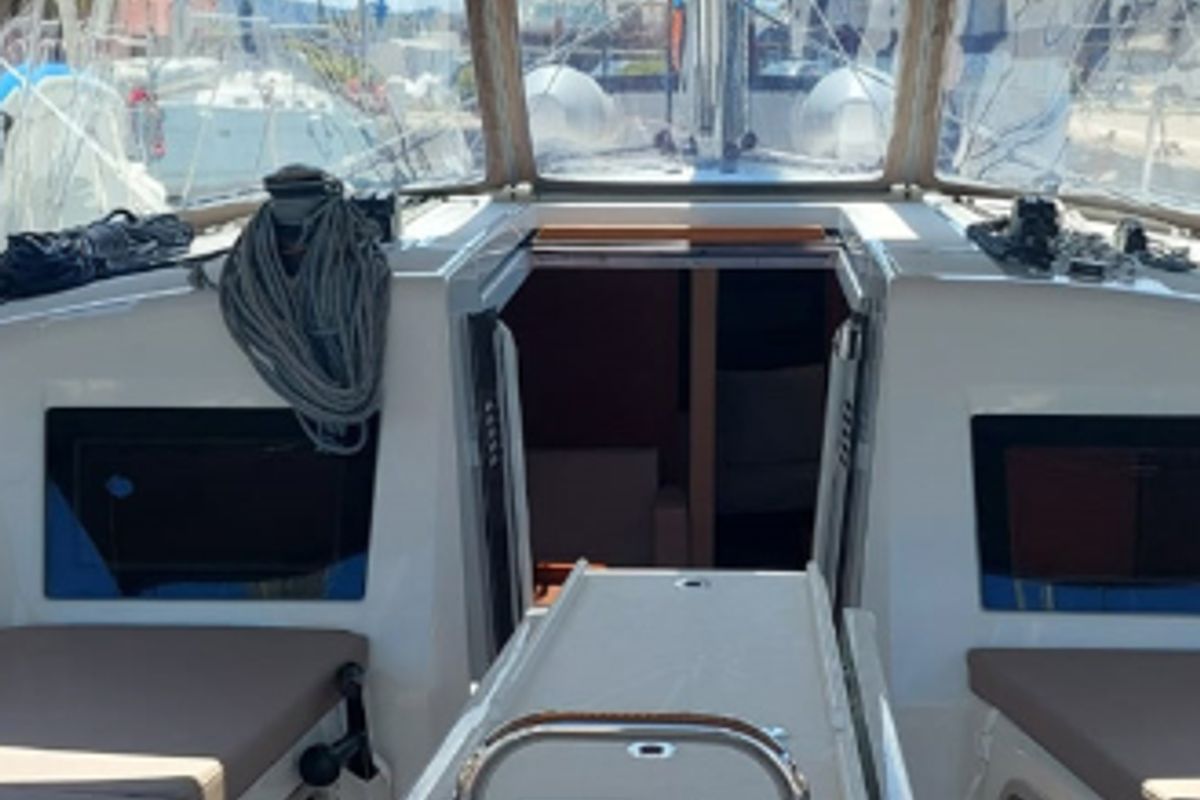 Cockpit of Baghera, a Jeanneau Sun Odyssey 410 sailboat at Municipal Unit of Lefkada, Greece