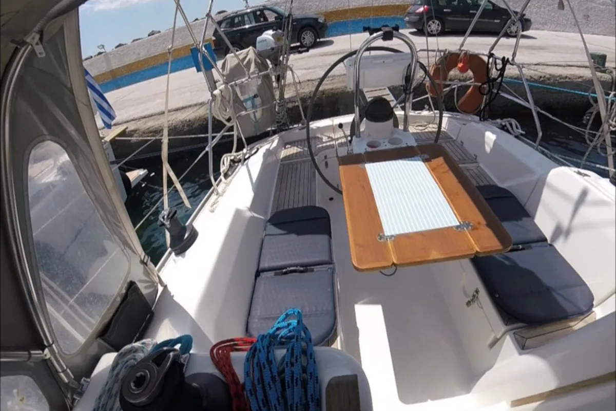 Deck of Nine Muses, a Hanse Yachts Hanse 342 sailboat at Sithonia Municipal Unit, Greece