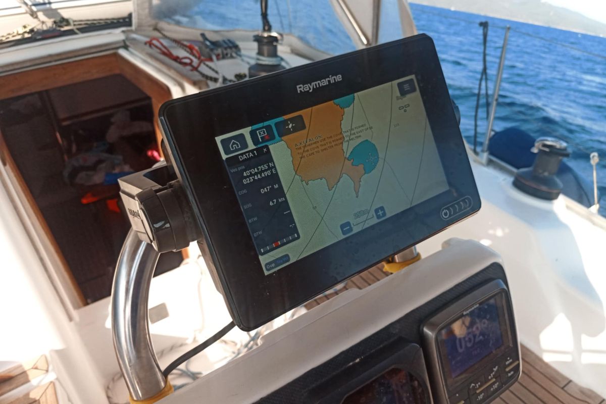 Cockpit of Nine Muses, a Hanse Yachts Hanse 342 sailboat at Sithonia Municipal Unit, Greece
