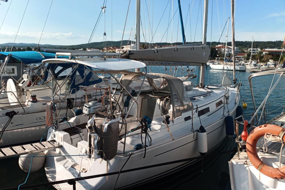 Exterior view of Nine Muses, a Hanse Yachts Hanse 342 sailboat at Sithonia Municipal Unit, Greece