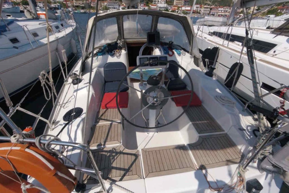 Cockpit of Nine Muses, a Hanse Yachts Hanse 342 sailboat at Sithonia Municipal Unit, Greece